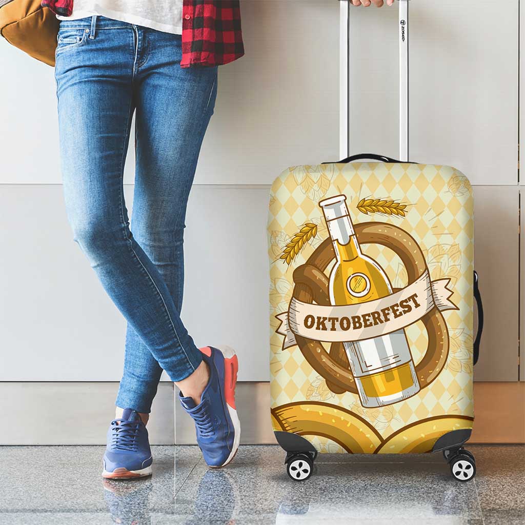 Oktoberfest Luggage Cover with Beer Bottle and Pretzel Illustration Beige Diamond - Wonder Print Shop