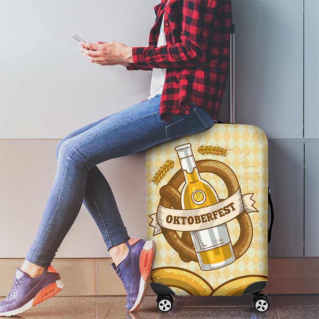Oktoberfest Luggage Cover with Beer Bottle and Pretzel Illustration Beige Diamond - Wonder Print Shop