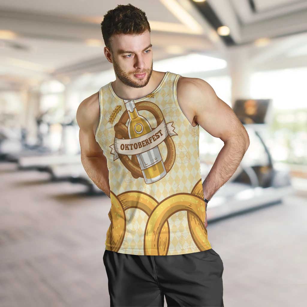 Oktoberfest Men Tank Top with Beer Bottle and Pretzel Illustration Beige Diamond - Wonder Print Shop
