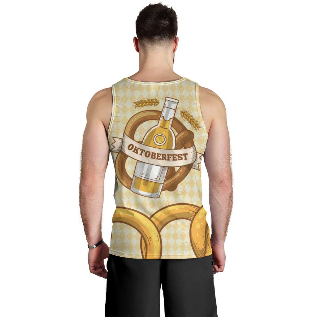 Oktoberfest Men Tank Top with Beer Bottle and Pretzel Illustration Beige Diamond - Wonder Print Shop