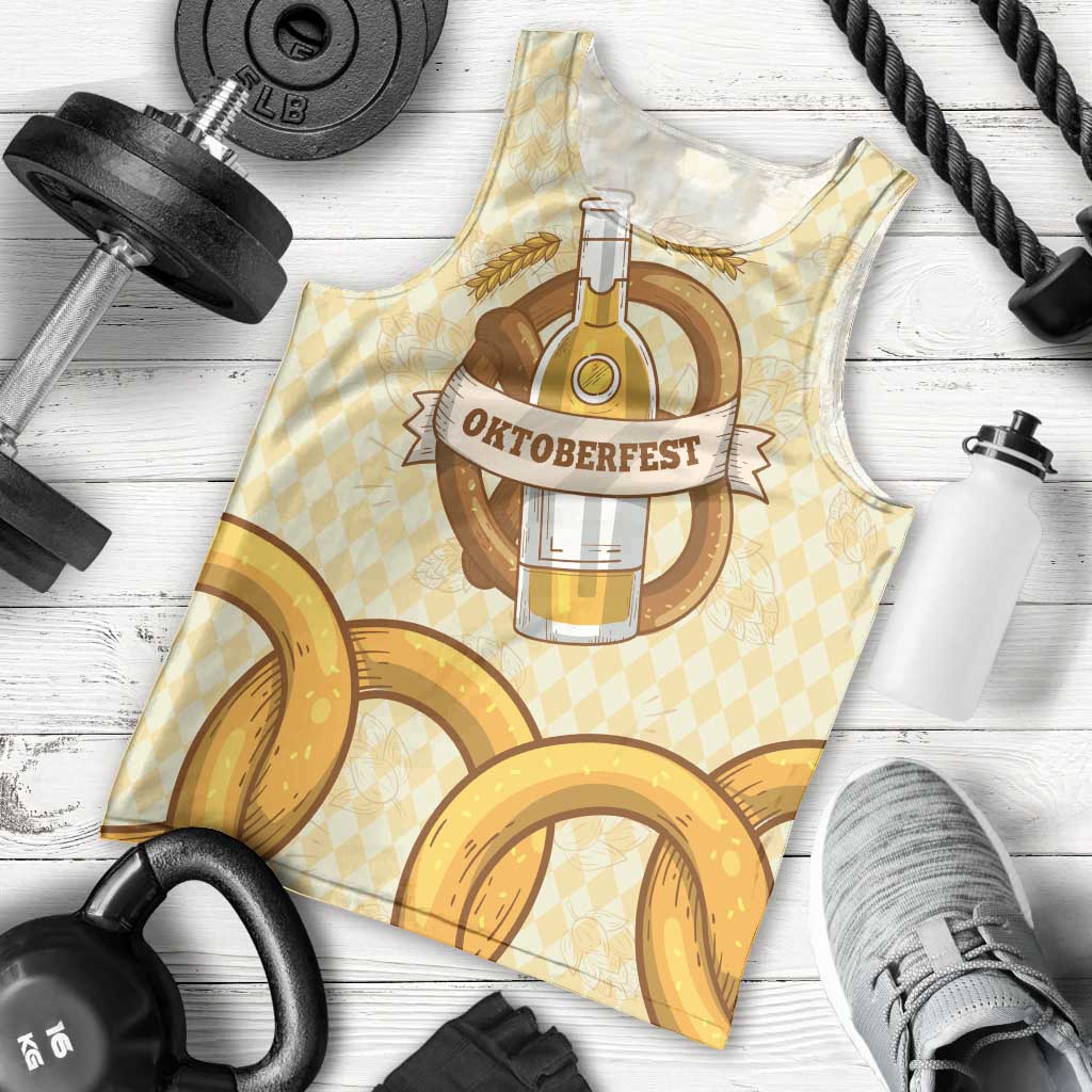 Oktoberfest Men Tank Top with Beer Bottle and Pretzel Illustration Beige Diamond - Wonder Print Shop