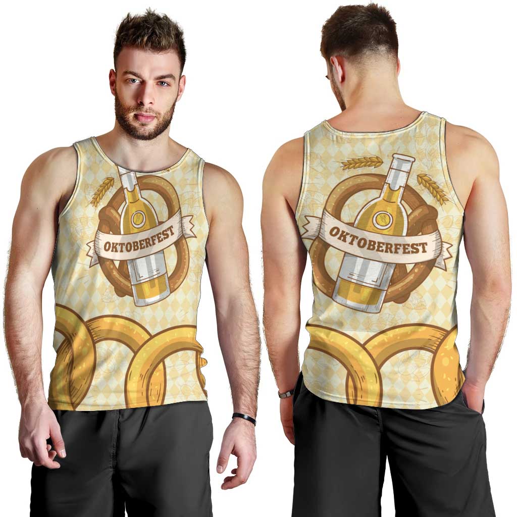 Oktoberfest Men Tank Top with Beer Bottle and Pretzel Illustration Beige Diamond - Wonder Print Shop