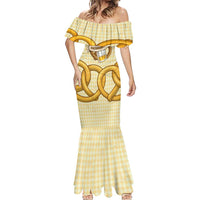 Oktoberfest Mermaid Dress with Beer Bottle and Pretzel Illustration Beige Diamond - Wonder Print Shop