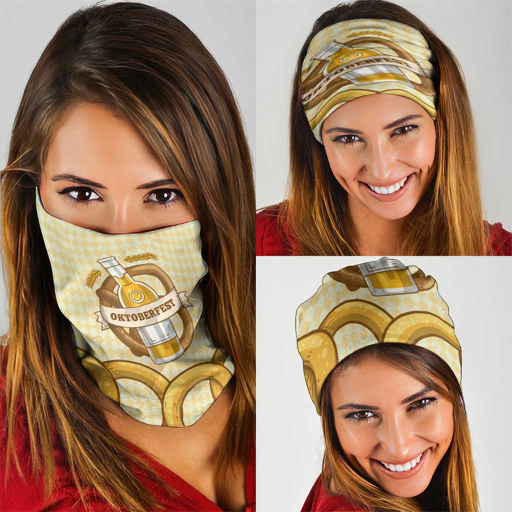 Oktoberfest Neck Gaiter with Beer Bottle and Pretzel Illustration Beige Diamond - Wonder Print Shop
