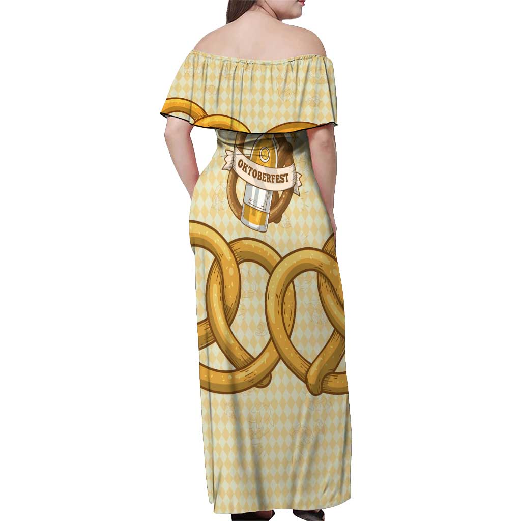 Oktoberfest Off Shoulder Maxi Dress with Beer Bottle and Pretzel Illustration Beige Diamond - Wonder Print Shop