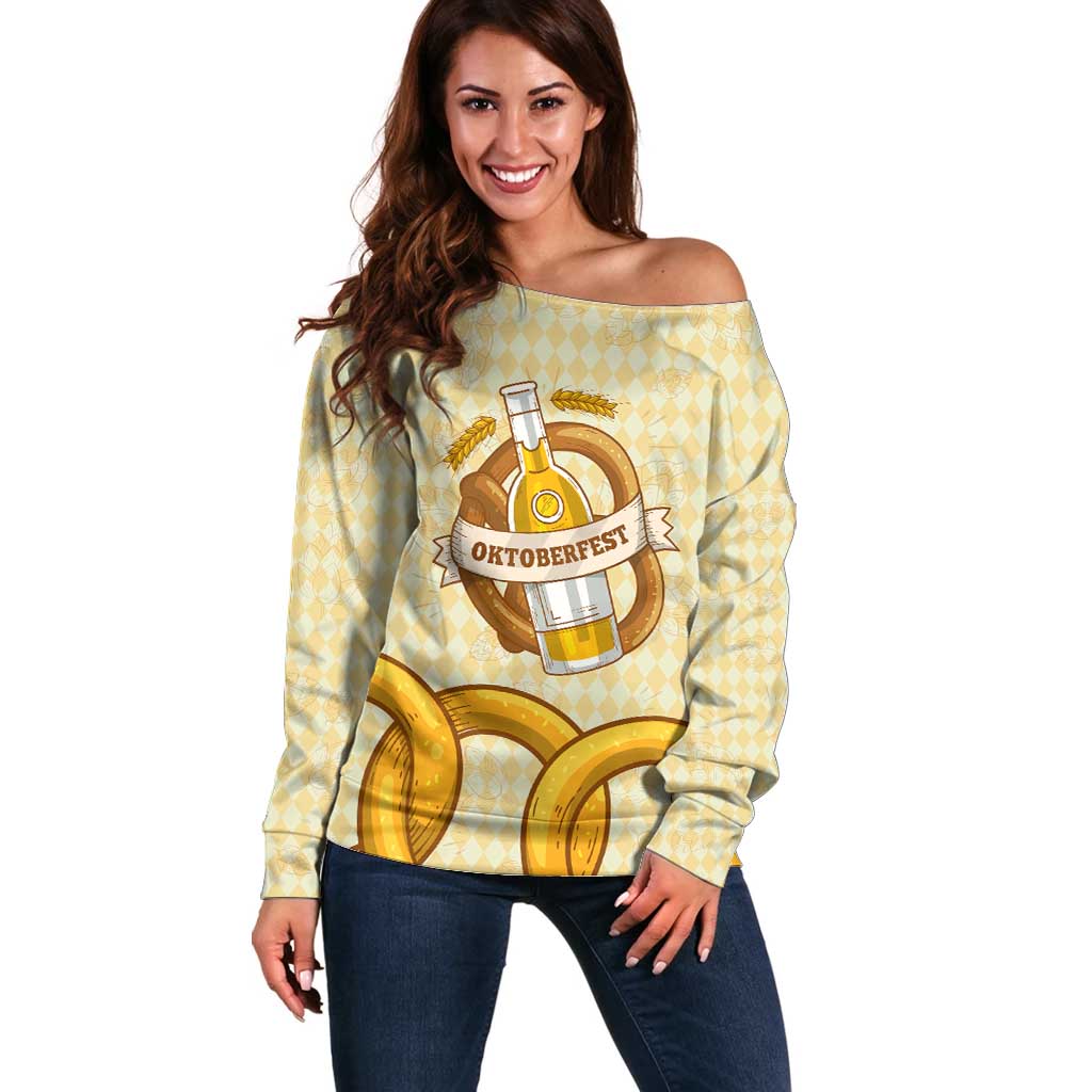 Oktoberfest Off Shoulder Sweater with Beer Bottle and Pretzel Illustration Beige Diamond - Wonder Print Shop