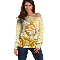 Oktoberfest Off Shoulder Sweater with Beer Bottle and Pretzel Illustration Beige Diamond - Wonder Print Shop