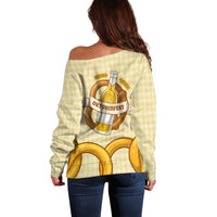 Oktoberfest Off Shoulder Sweater with Beer Bottle and Pretzel Illustration Beige Diamond - Wonder Print Shop