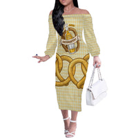 Oktoberfest Off The Shoulder Long Sleeve Dress with Beer Bottle and Pretzel Illustration Beige Diamond - Wonder Print Shop