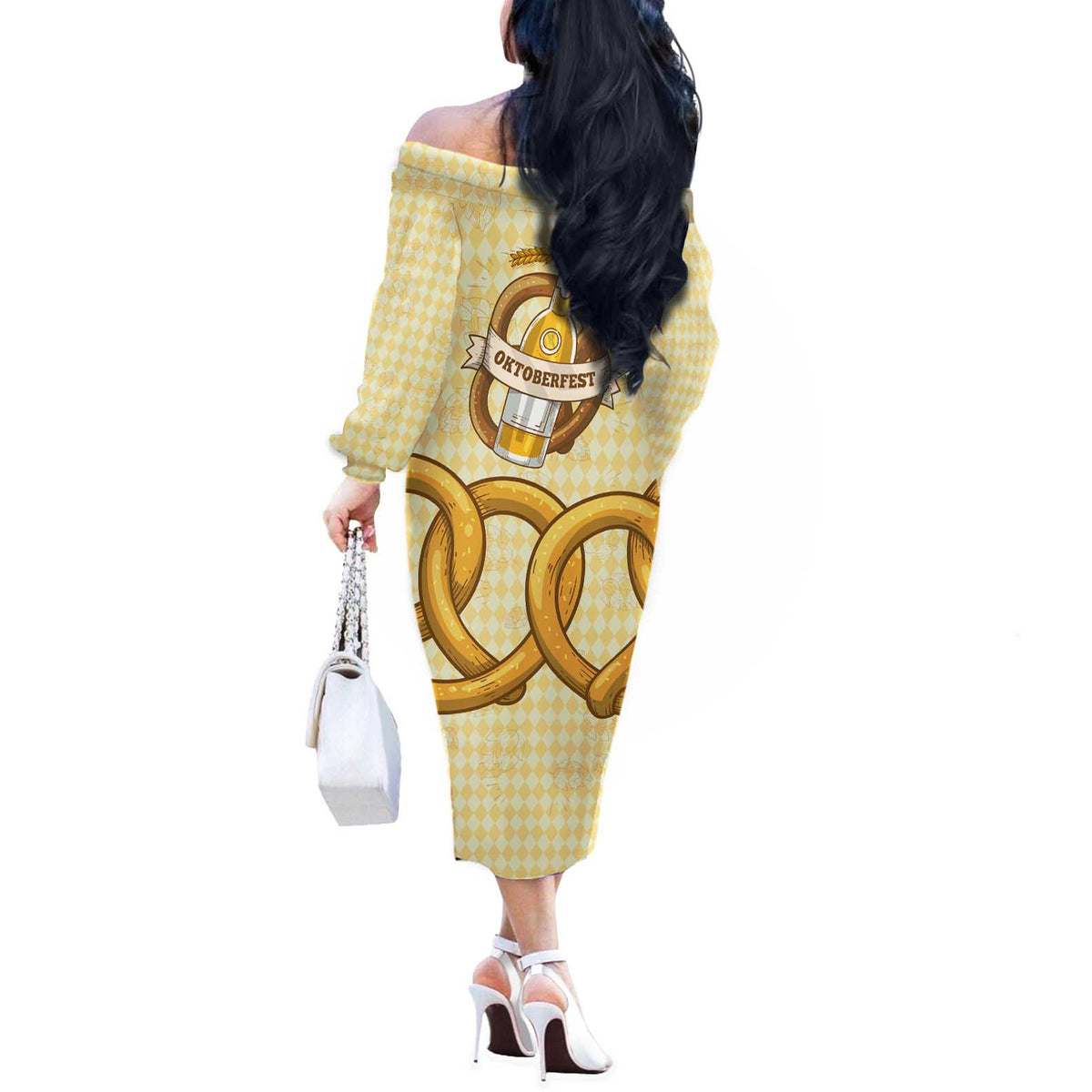 Oktoberfest Off The Shoulder Long Sleeve Dress with Beer Bottle and Pretzel Illustration Beige Diamond - Wonder Print Shop