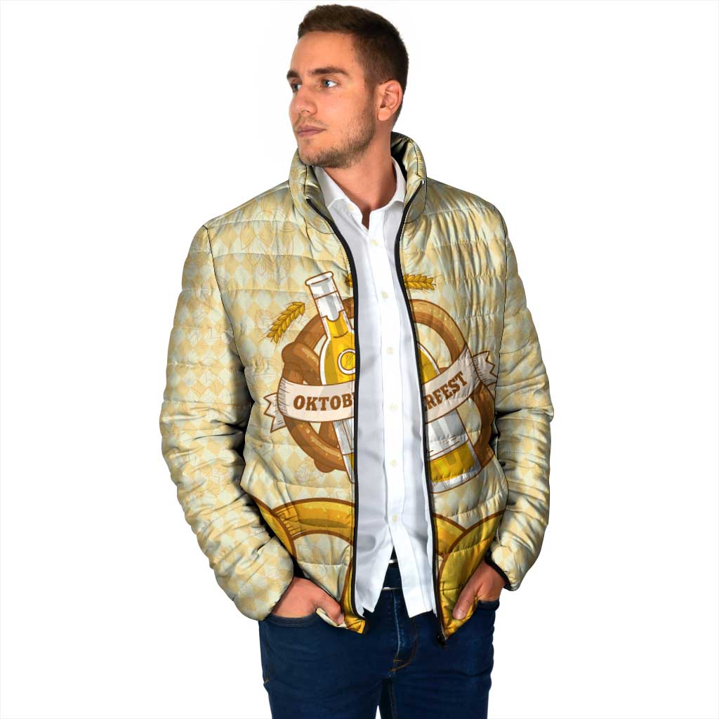 Oktoberfest Padded Jacket with Beer Bottle and Pretzel Illustration Beige Diamond - Wonder Print Shop