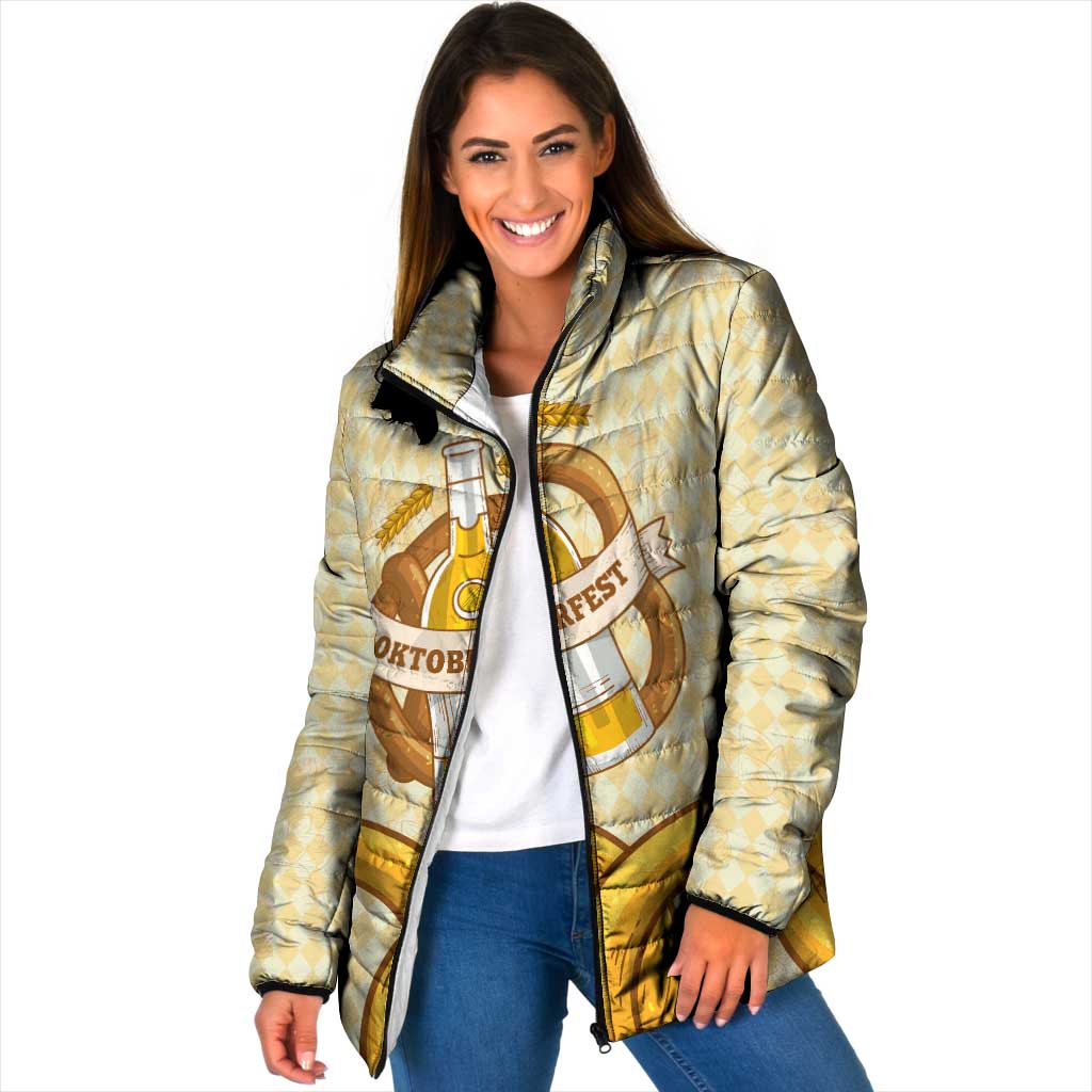 Oktoberfest Padded Jacket with Beer Bottle and Pretzel Illustration Beige Diamond - Wonder Print Shop