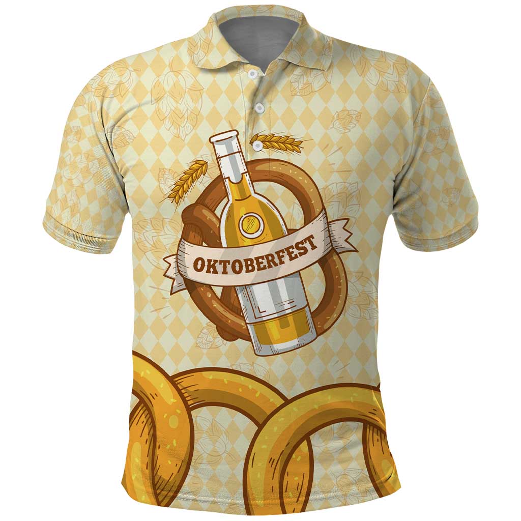 Oktoberfest Polo Shirt with Beer Bottle and Pretzel Illustration Beige Diamond - Wonder Print Shop