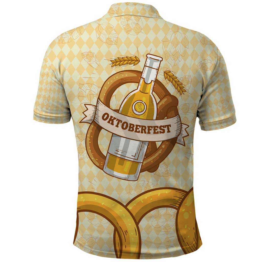 Oktoberfest Polo Shirt with Beer Bottle and Pretzel Illustration Beige Diamond - Wonder Print Shop
