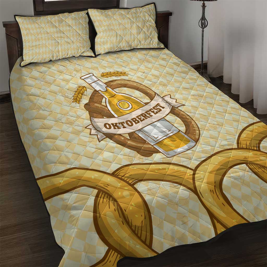 Oktoberfest Quilt Bed Set with Beer Bottle and Pretzel Illustration Beige Diamond - Wonder Print Shop