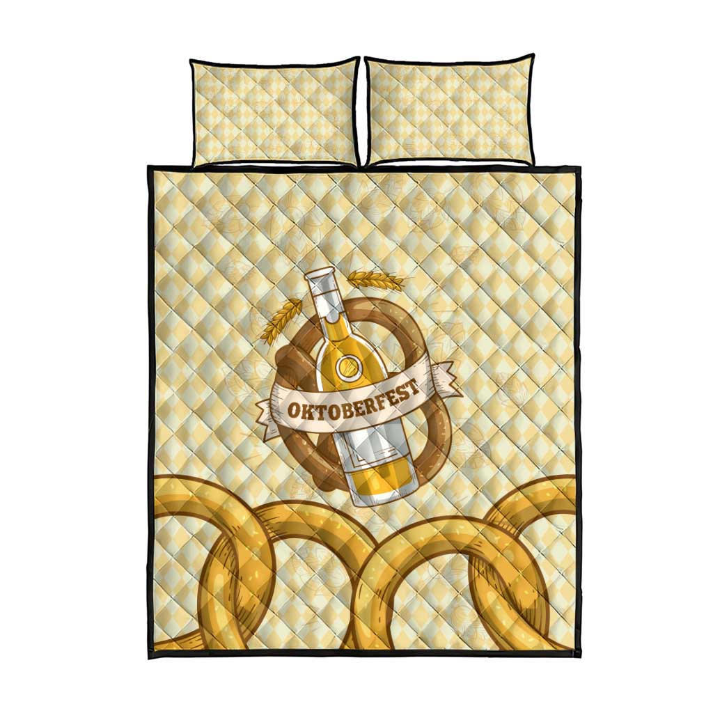 Oktoberfest Quilt Bed Set with Beer Bottle and Pretzel Illustration Beige Diamond - Wonder Print Shop
