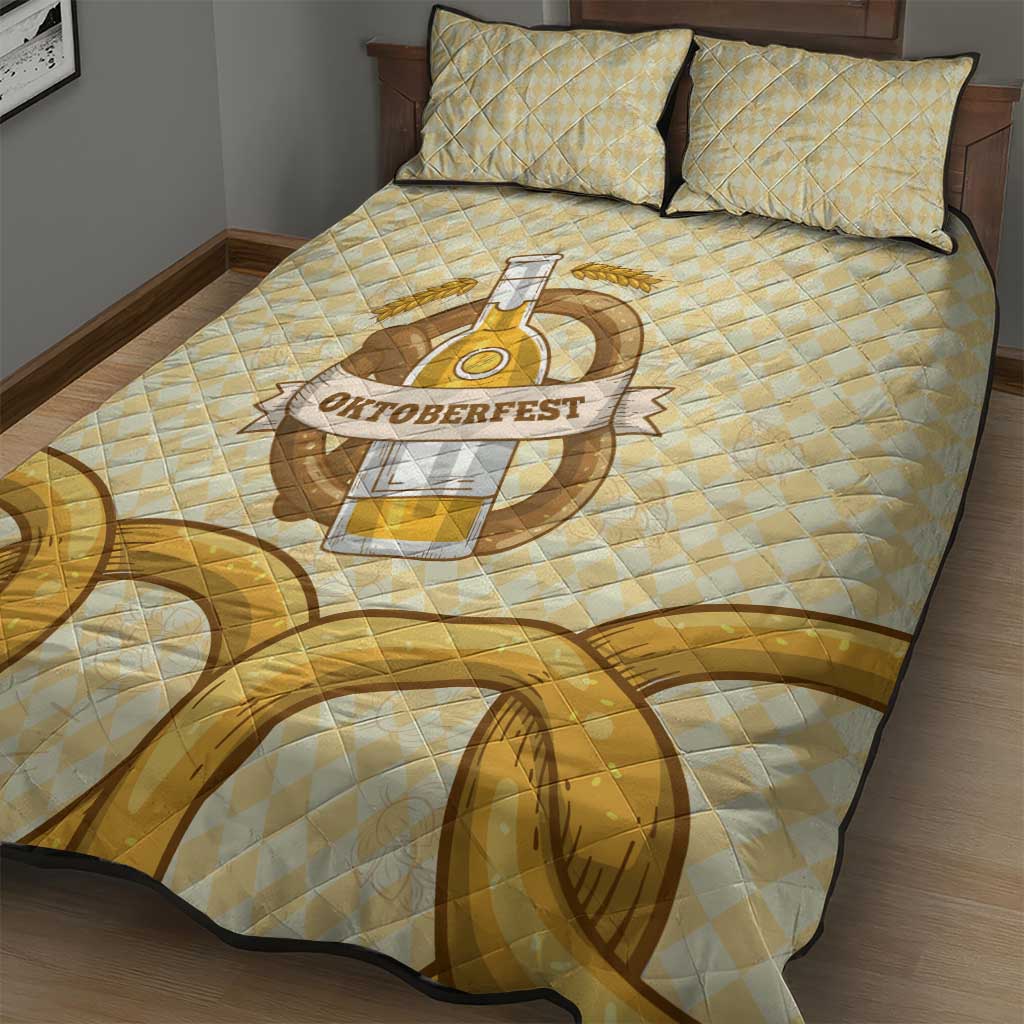 Oktoberfest Quilt Bed Set with Beer Bottle and Pretzel Illustration Beige Diamond - Wonder Print Shop