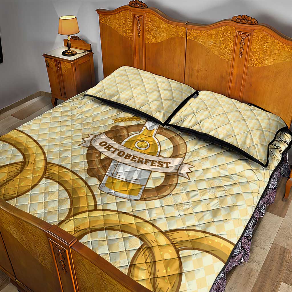 Oktoberfest Quilt Bed Set with Beer Bottle and Pretzel Illustration Beige Diamond - Wonder Print Shop