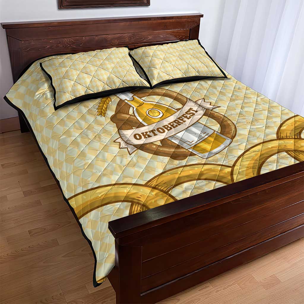 Oktoberfest Quilt Bed Set with Beer Bottle and Pretzel Illustration Beige Diamond - Wonder Print Shop