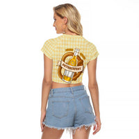 Oktoberfest Raglan Cropped T Shirt with Beer Bottle and Pretzel Illustration Beige Diamond - Wonder Print Shop