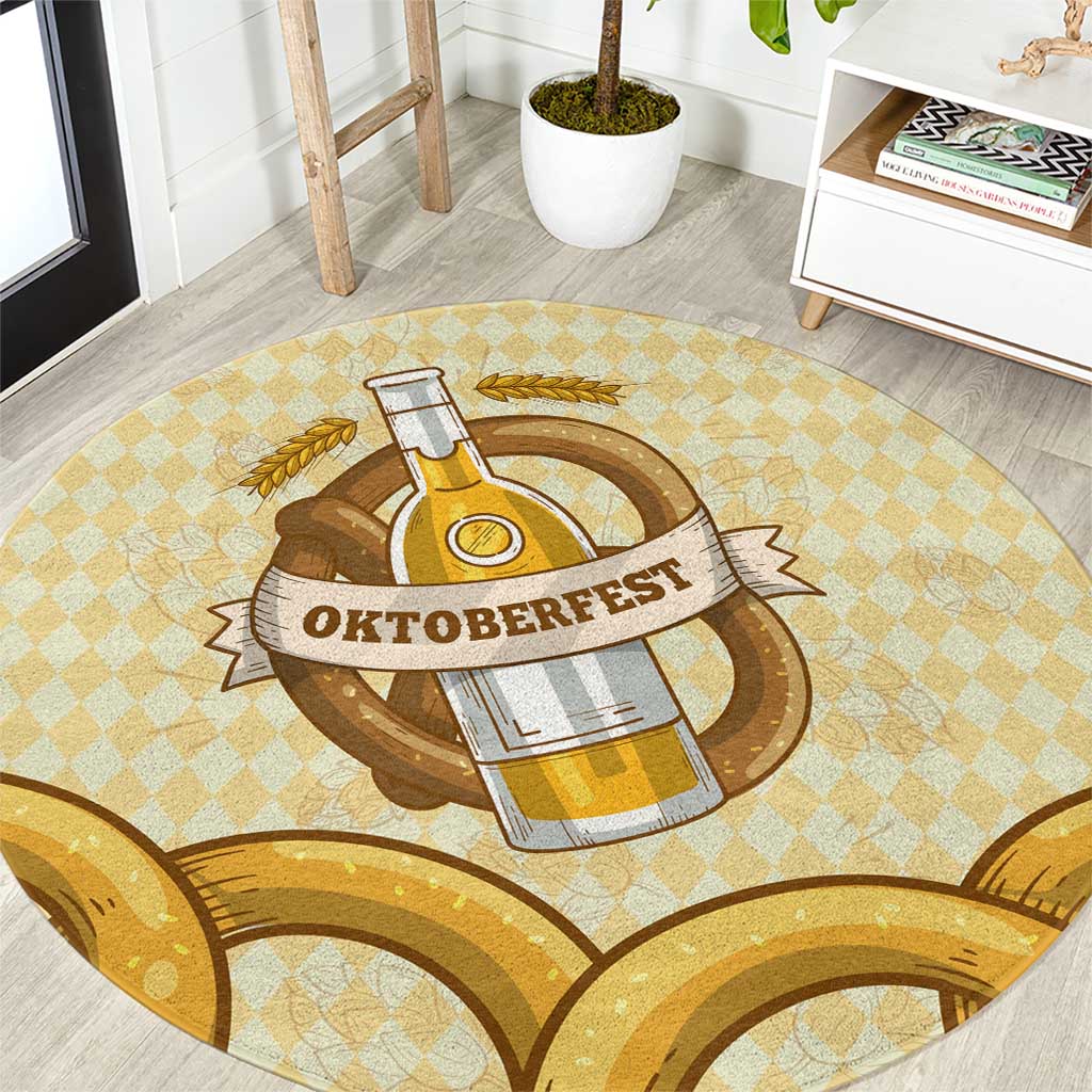 Oktoberfest Round Carpet with Beer Bottle and Pretzel Illustration Beige Diamond - Wonder Print Shop