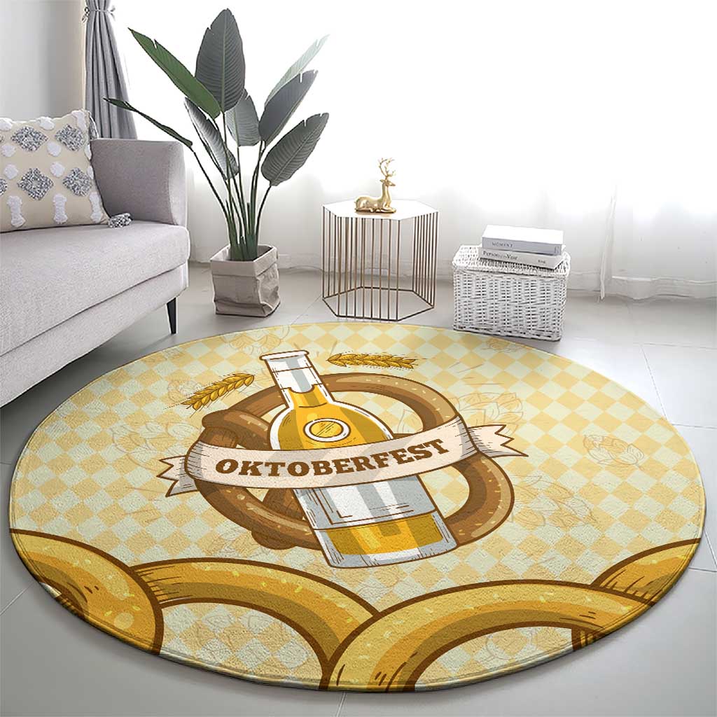 Oktoberfest Round Carpet with Beer Bottle and Pretzel Illustration Beige Diamond - Wonder Print Shop