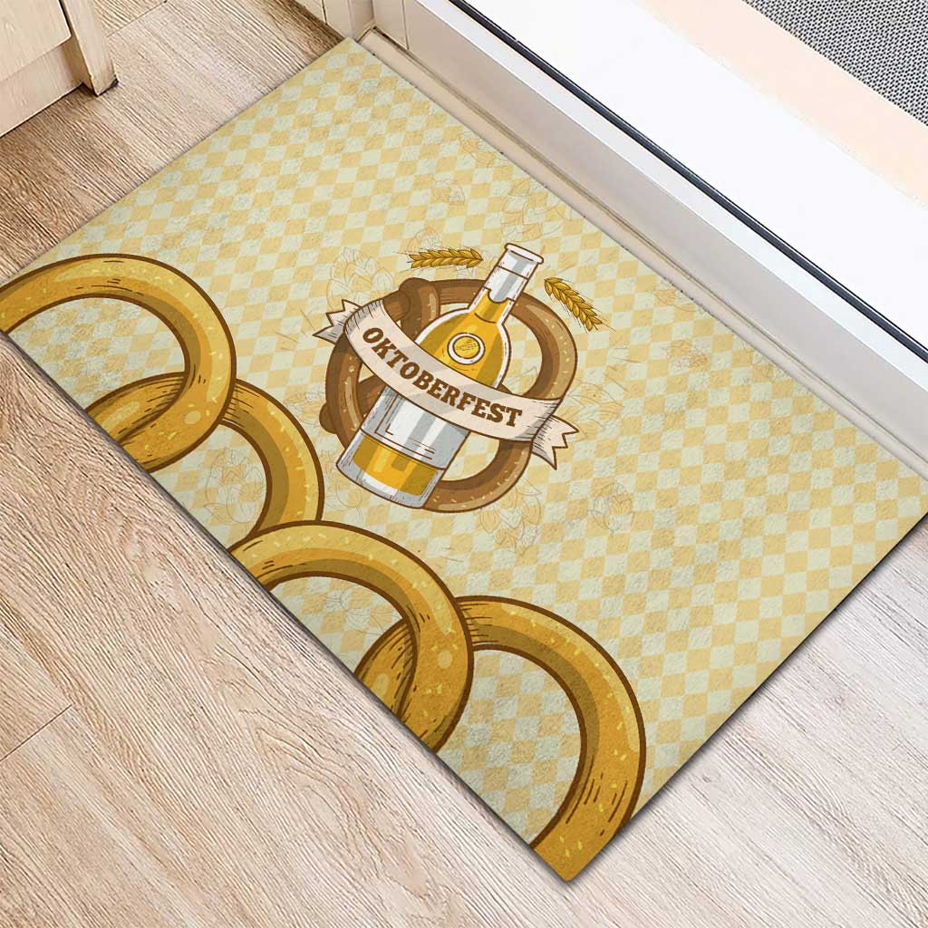 Oktoberfest Rubber Doormat with Beer Bottle and Pretzel Illustration Beige Diamond - Wonder Print Shop