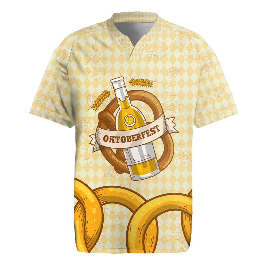 Oktoberfest Rugby Jersey with Beer Bottle and Pretzel Illustration Beige Diamond - Wonder Print Shop