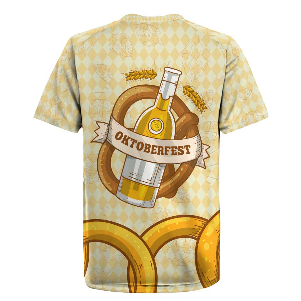 Oktoberfest Rugby Jersey with Beer Bottle and Pretzel Illustration Beige Diamond - Wonder Print Shop