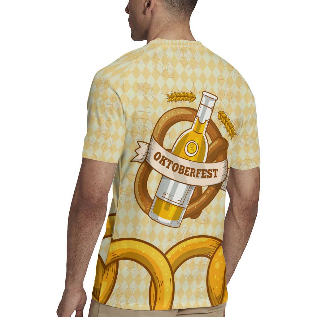 Oktoberfest Rugby Jersey with Beer Bottle and Pretzel Illustration Beige Diamond - Wonder Print Shop