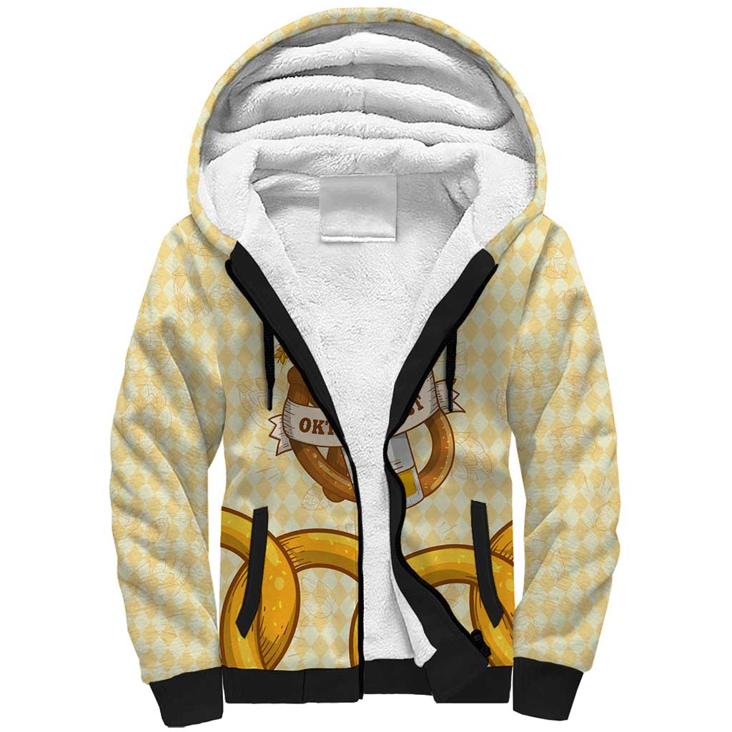 Oktoberfest Sherpa Hoodie with Beer Bottle and Pretzel Illustration Beige Diamond - Wonder Print Shop