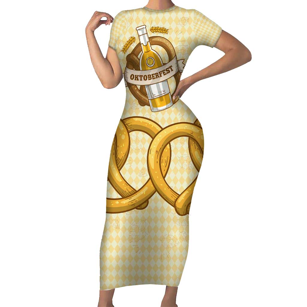 Oktoberfest Short Sleeve Bodycon Dress with Beer Bottle and Pretzel Illustration Beige Diamond - Wonder Print Shop