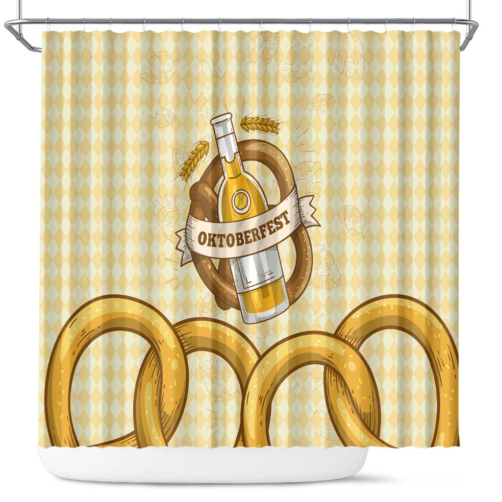 Oktoberfest Shower Curtain with Beer Bottle and Pretzel Illustration Beige Diamond - Wonder Print Shop