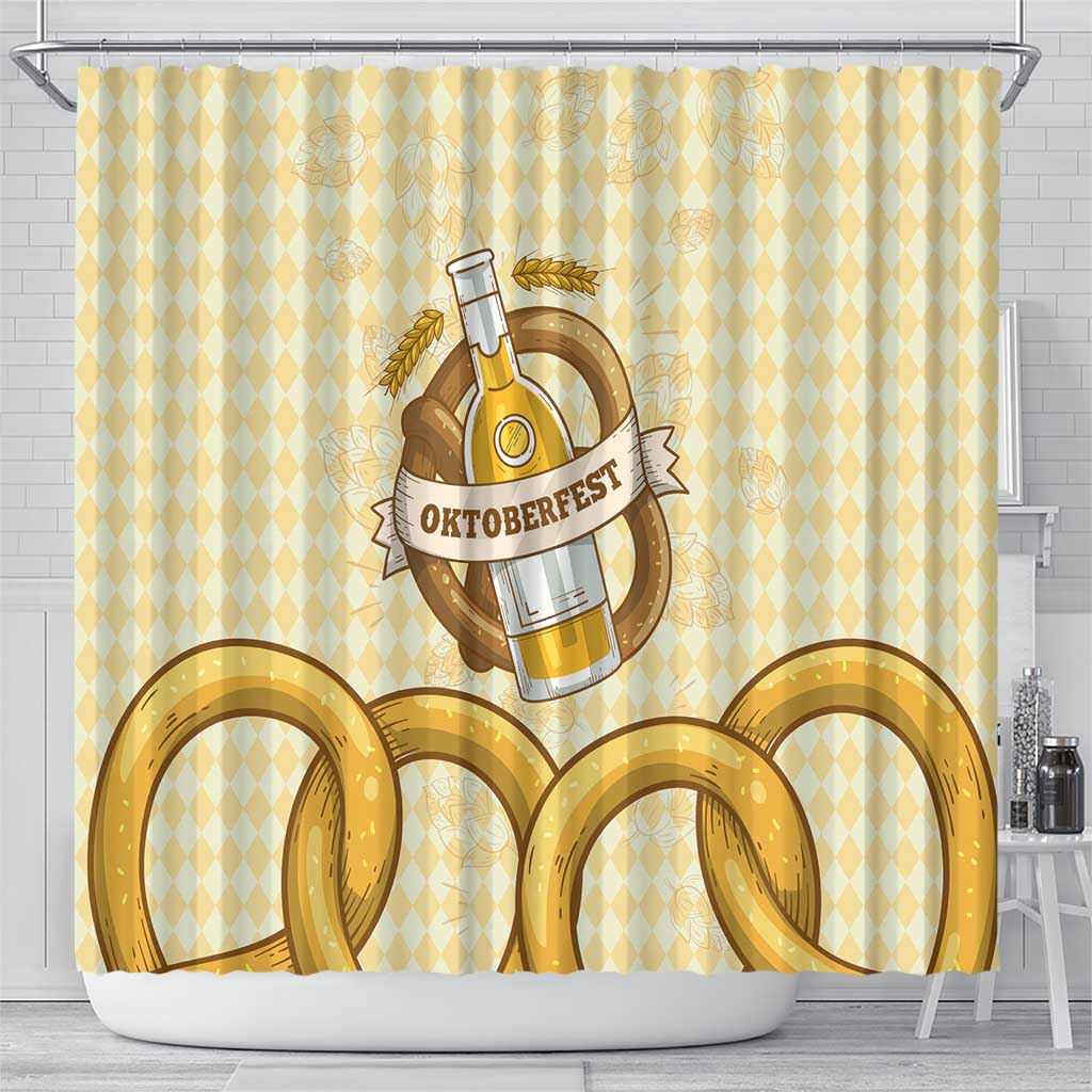 Oktoberfest Shower Curtain with Beer Bottle and Pretzel Illustration Beige Diamond - Wonder Print Shop