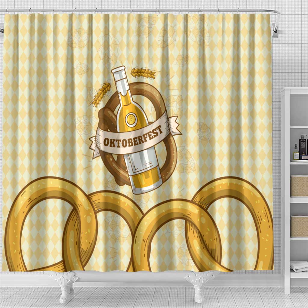 Oktoberfest Shower Curtain with Beer Bottle and Pretzel Illustration Beige Diamond - Wonder Print Shop