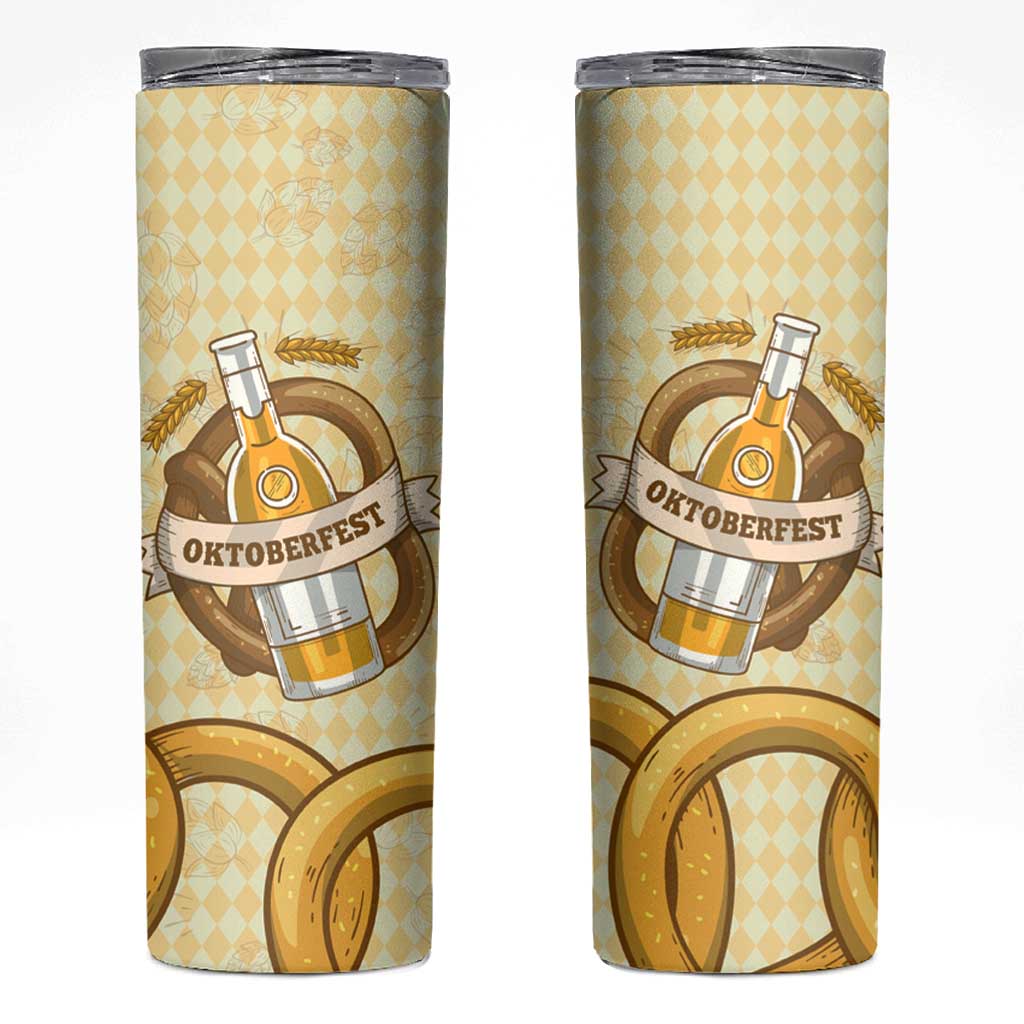 Oktoberfest Skinny Tumbler with Beer Bottle and Pretzel Illustration Beige Diamond - Wonder Print Shop