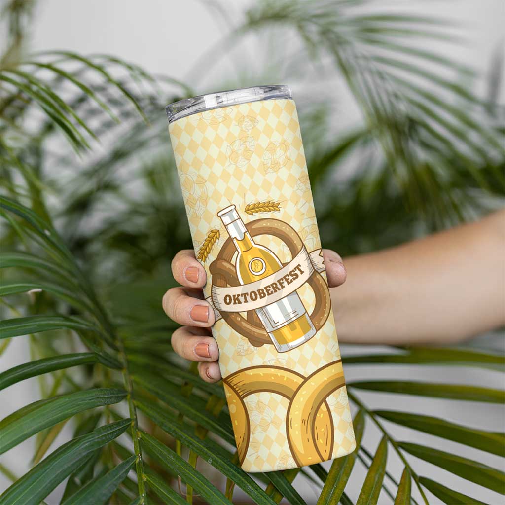 Oktoberfest Skinny Tumbler with Beer Bottle and Pretzel Illustration Beige Diamond - Wonder Print Shop