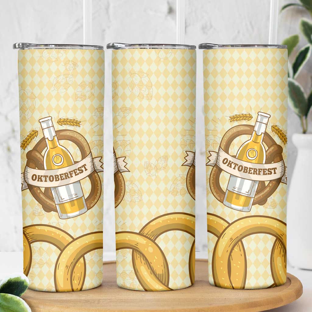 Oktoberfest Skinny Tumbler with Beer Bottle and Pretzel Illustration Beige Diamond - Wonder Print Shop