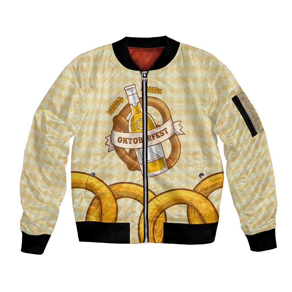 Oktoberfest Sleeve Zip Bomber Jacket with Beer Bottle and Pretzel Illustration Beige Diamond - Wonder Print Shop