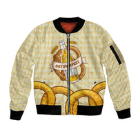 Oktoberfest Sleeve Zip Bomber Jacket with Beer Bottle and Pretzel Illustration Beige Diamond - Wonder Print Shop