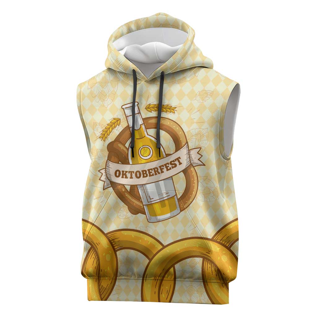 Oktoberfest Sleeveless Hoodie with Beer Bottle and Pretzel Illustration Beige Diamond - Wonder Print Shop