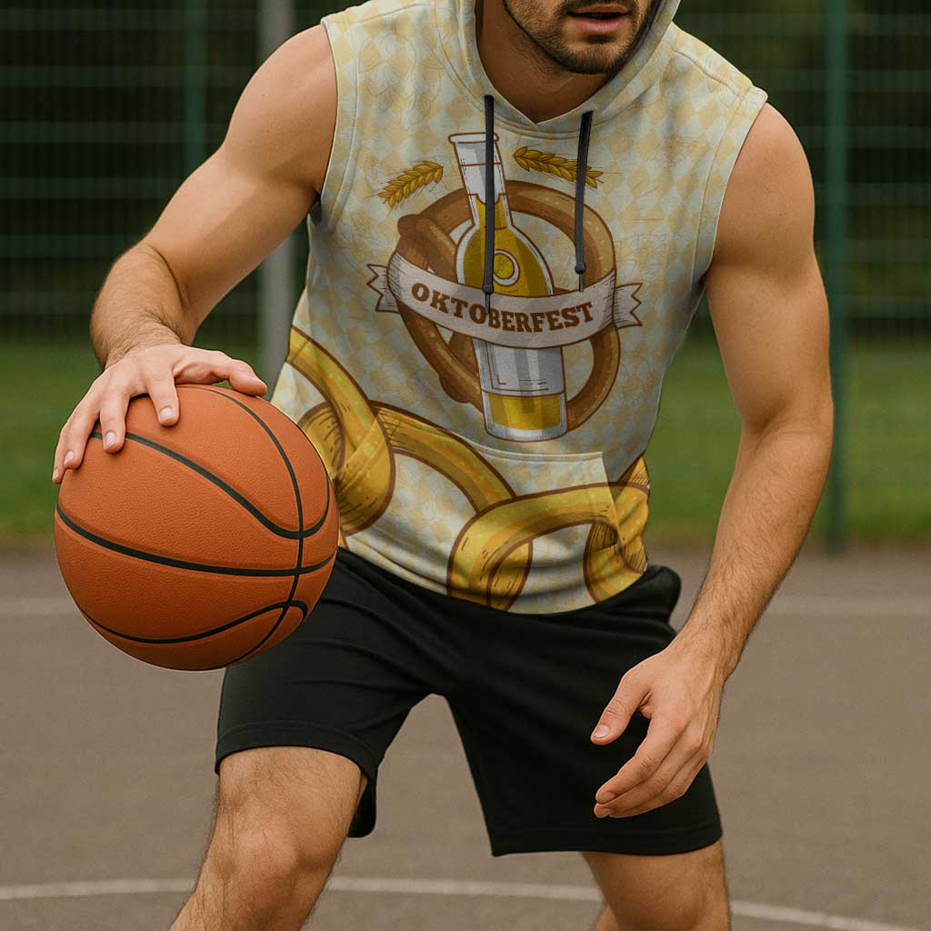 Oktoberfest Sleeveless Hoodie with Beer Bottle and Pretzel Illustration Beige Diamond - Wonder Print Shop