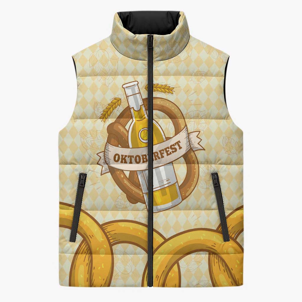 Oktoberfest Sleeveless Puffer Jacket with Beer Bottle and Pretzel Illustration Beige Diamond - Wonder Print Shop