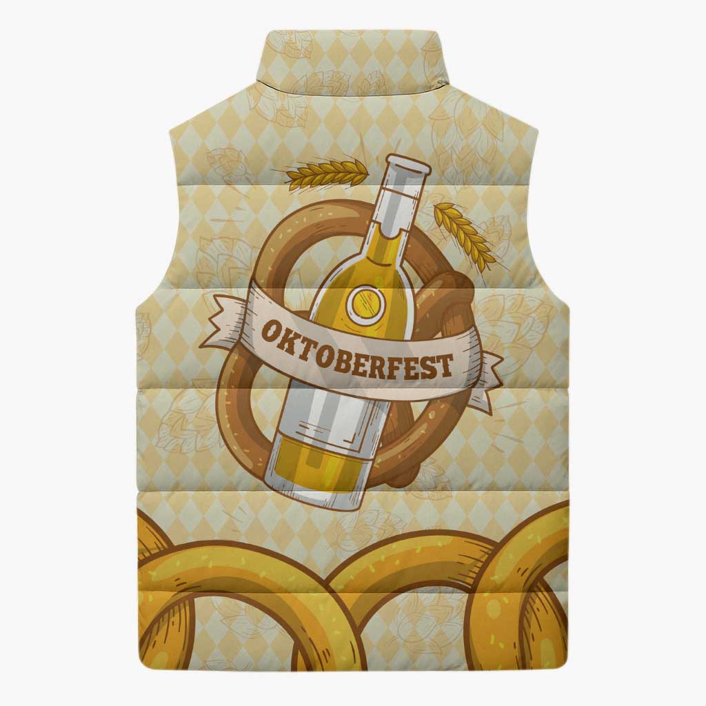 Oktoberfest Sleeveless Puffer Jacket with Beer Bottle and Pretzel Illustration Beige Diamond - Wonder Print Shop