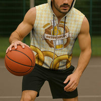 Oktoberfest Sleeveless Zip Hoodie with Beer Bottle and Pretzel Illustration Beige Diamond - Wonder Print Shop