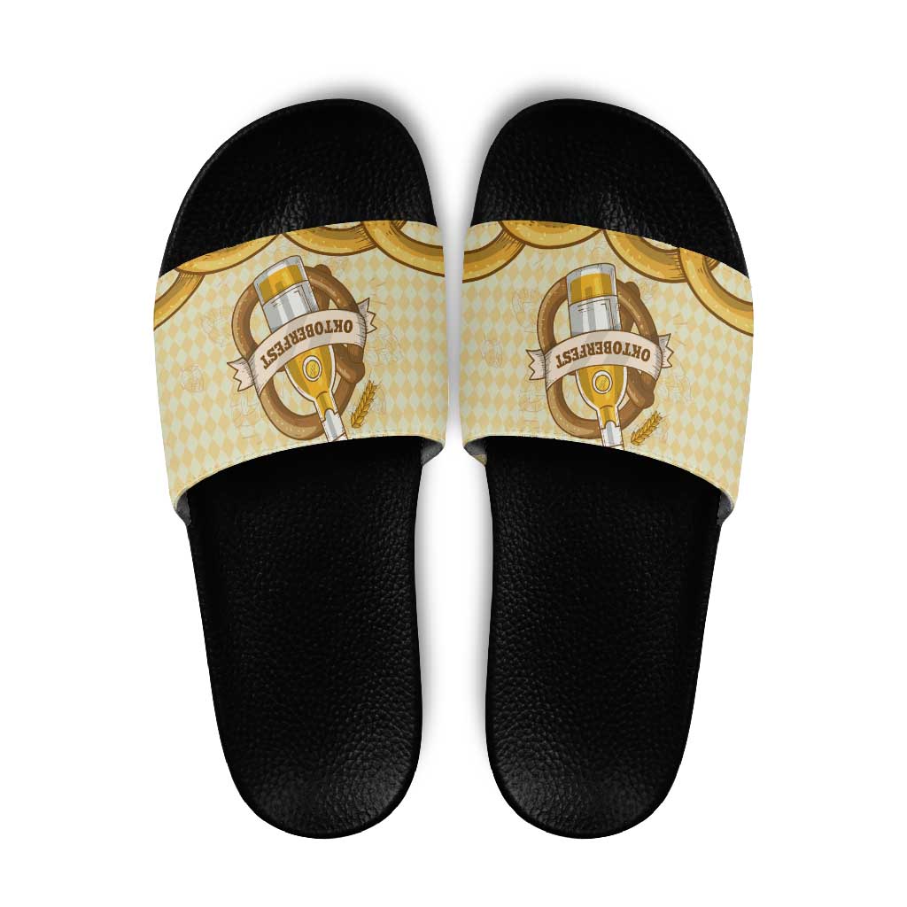 Oktoberfest Slide Sandals with Beer Bottle and Pretzel Illustration Beige Diamond - Wonder Print Shop