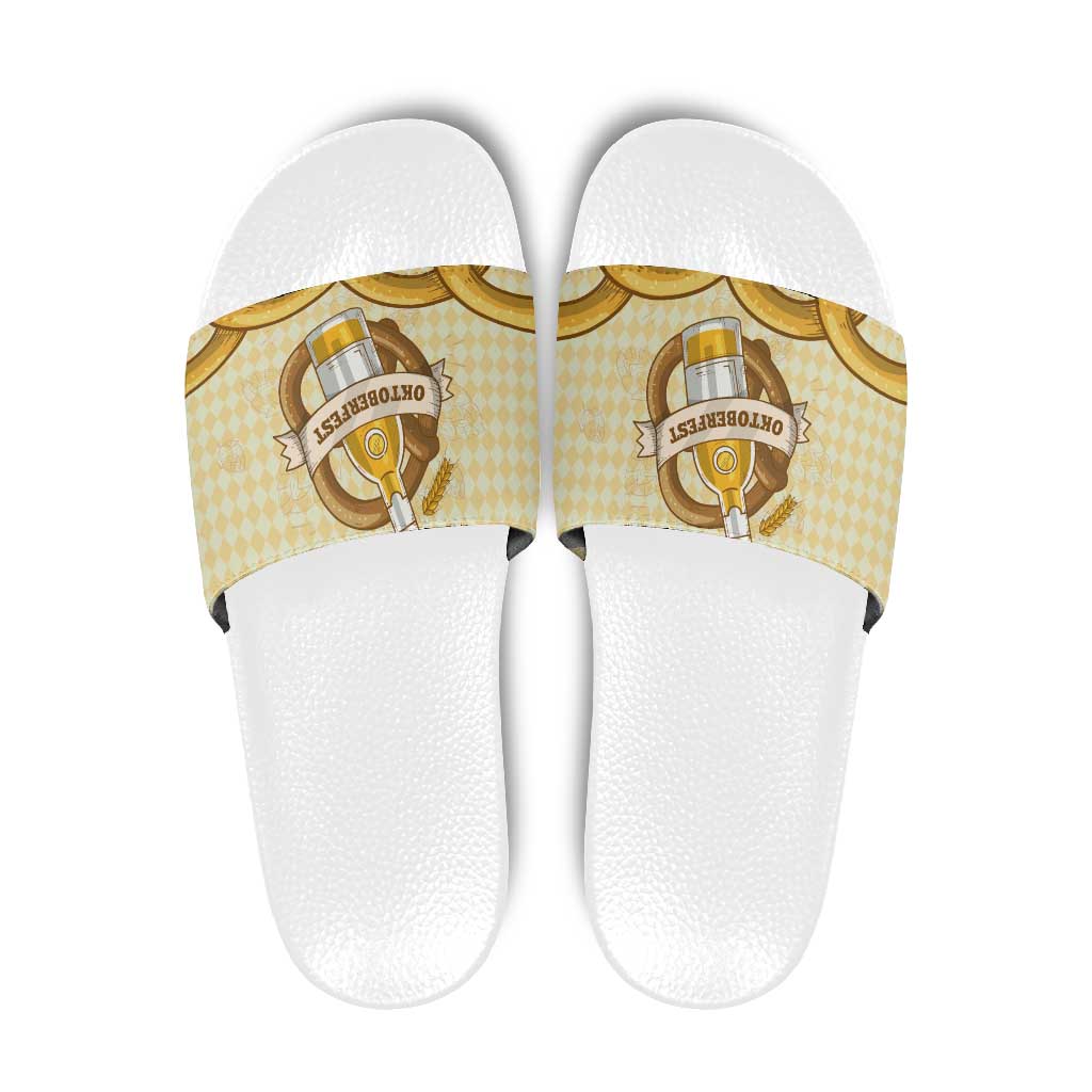 Oktoberfest Slide Sandals with Beer Bottle and Pretzel Illustration Beige Diamond - Wonder Print Shop