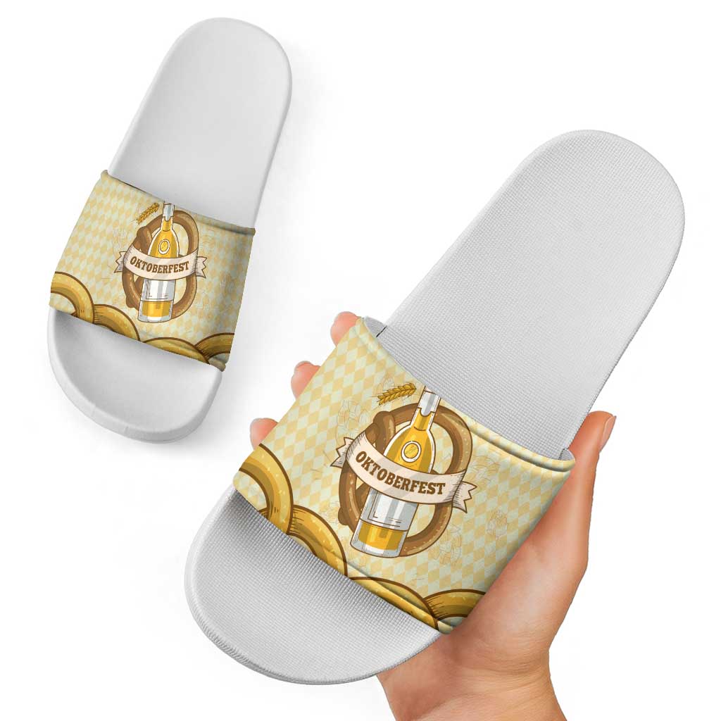 Oktoberfest Slide Sandals with Beer Bottle and Pretzel Illustration Beige Diamond - Wonder Print Shop