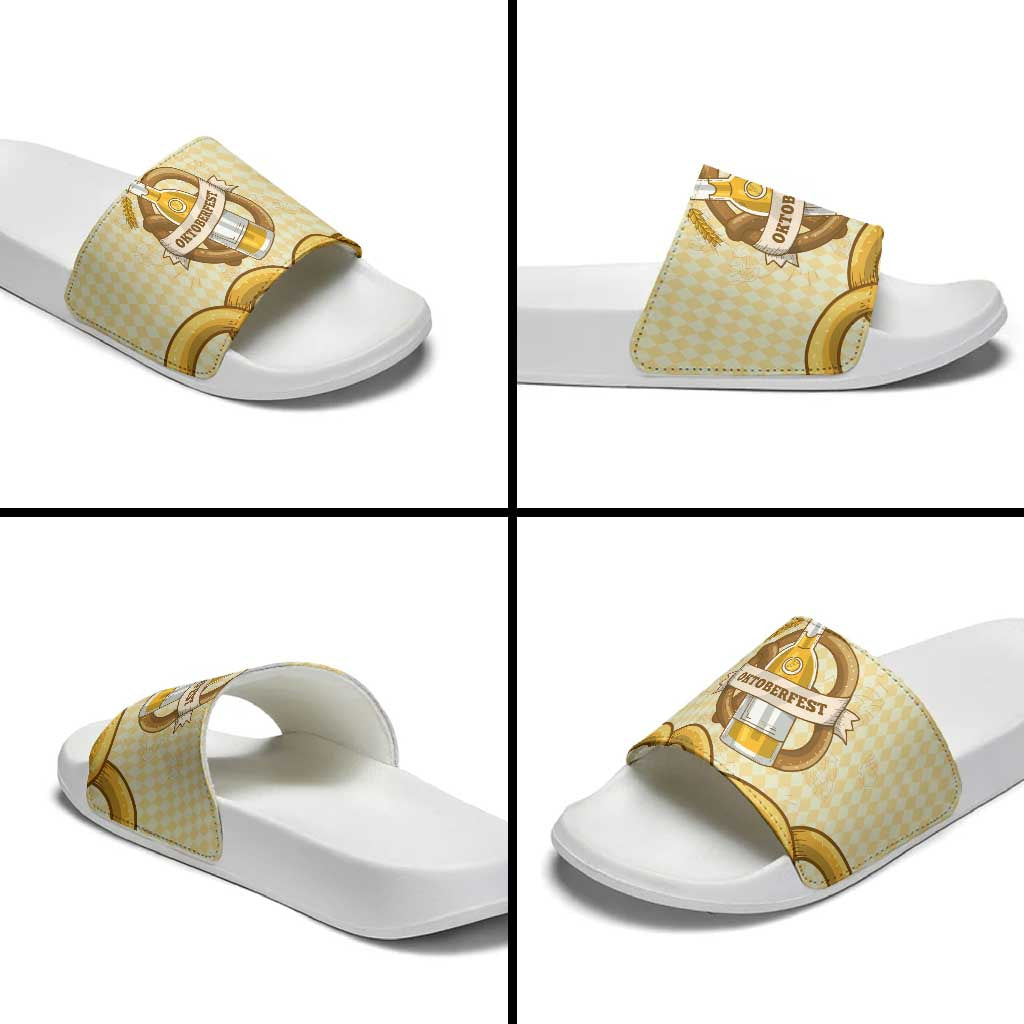 Oktoberfest Slide Sandals with Beer Bottle and Pretzel Illustration Beige Diamond - Wonder Print Shop