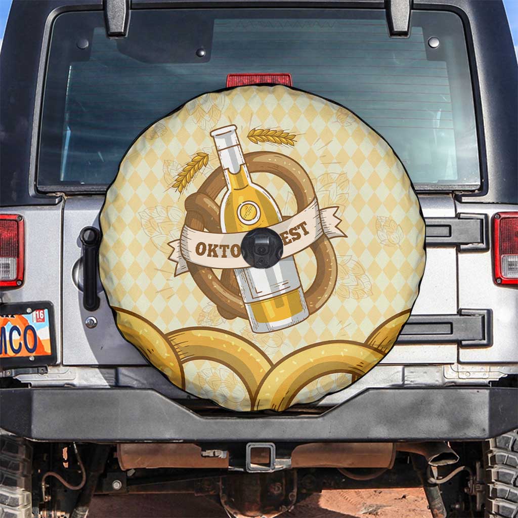 Oktoberfest Spare Tire Cover with Beer Bottle and Pretzel Illustration Beige Diamond - Wonder Print Shop